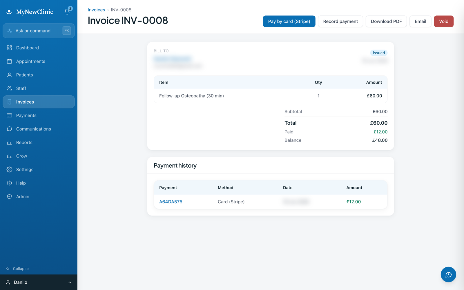 An invoice with Stripe card payment and payment history