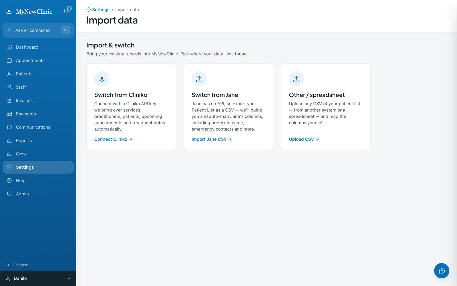 Import data screen — switch from Cliniko, Jane or a spreadsheet